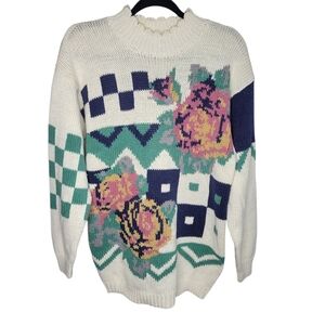 Vintage 80s 62 East Chunk Cowlneck Rose Sweater Size Medium in Cream Pink
